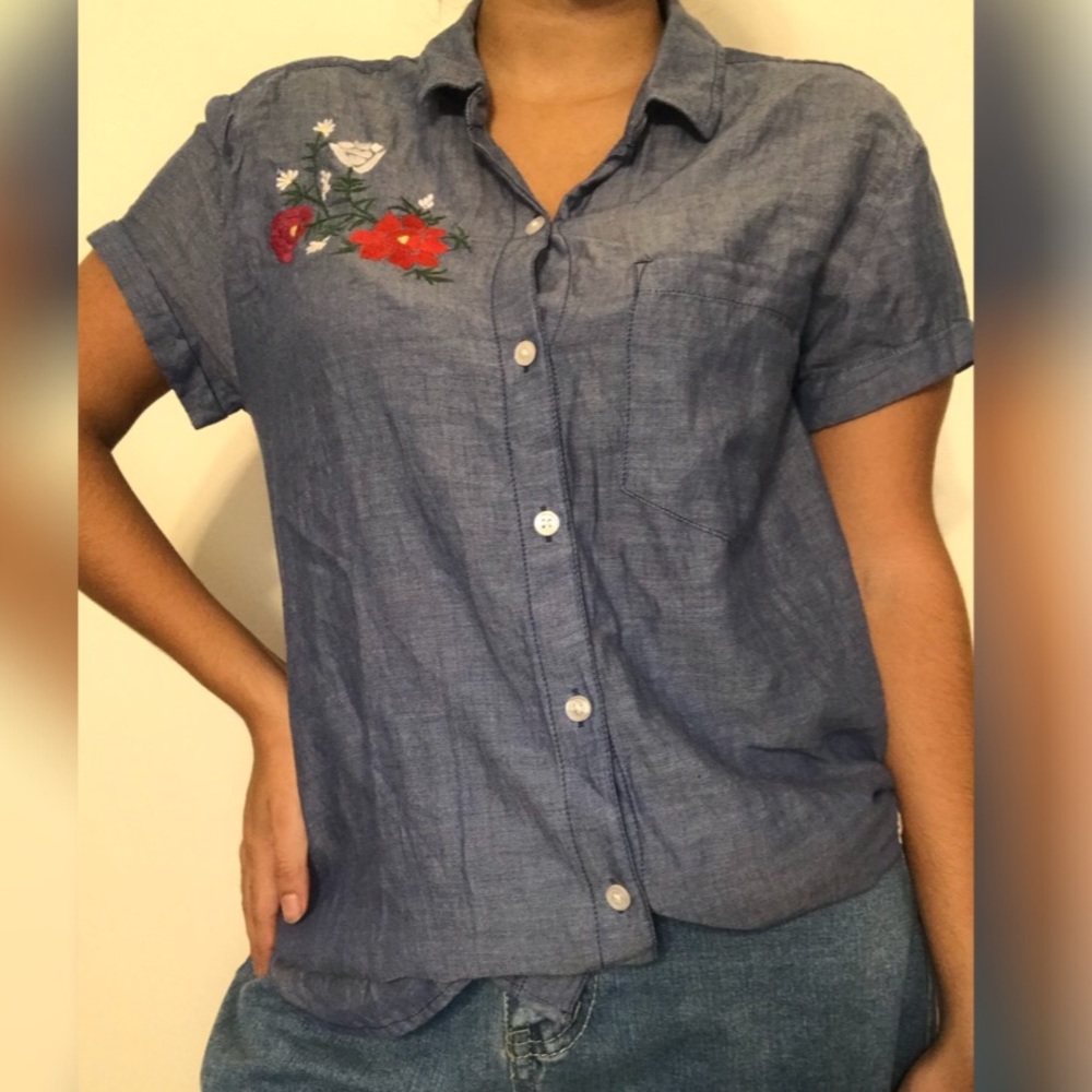 Blue button down with embroidered flowers